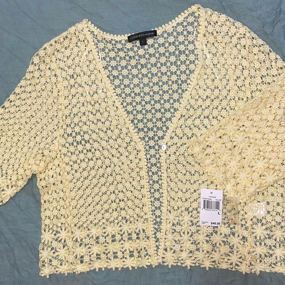 CHRISMcLaughlin Crochet Floral Butter Yellow Cardigan Lace Cropped Boho - Picture 15 of 16